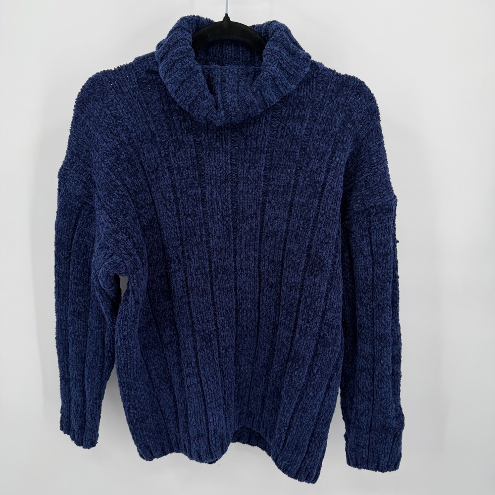 A&M Collection Women's 1X Sweater Navy Blue Chenille Turtleneck Ribbed Knit
